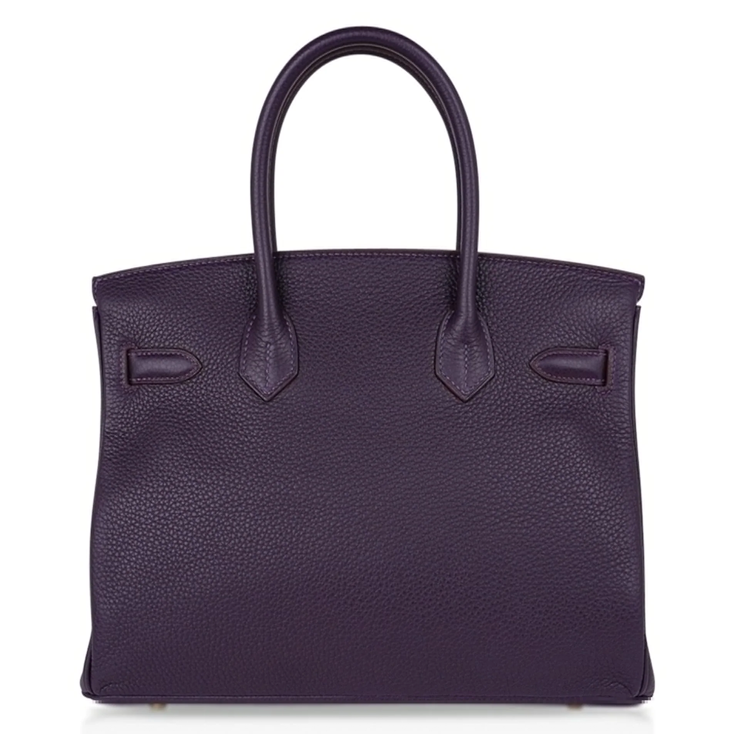 Deep Ripe Grape Textured Medium Structured Trapezoid Hand Tote With Luminous Warm Golden Twist Lock Hardware And Matching Suspended Engraved Metal Padlock Charm