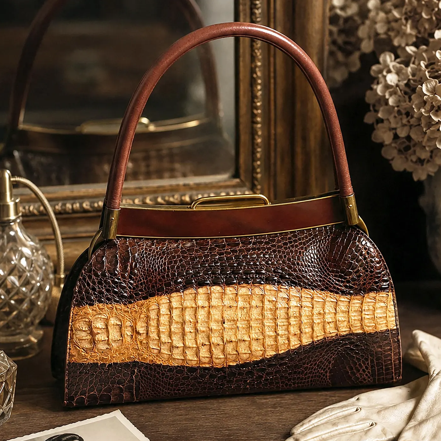 Two Tone Chocolate Tan Scaled Curved Vintage Frame Handbag With Burnt Chestnut Grip And Polished Warm Golden Metal Clasp Frame