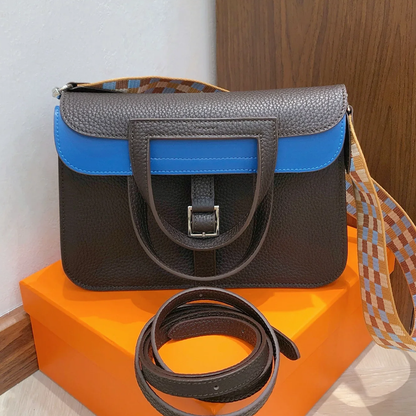 Deep Earthy Brown Vivid Bright Blue Color Block Compact Rectangular Flap Bag With Sleek Silvery Buckle Hardware And Dual Separate Carrying Straps
