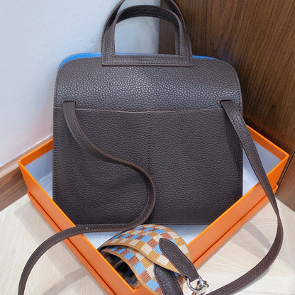 Deep Earthy Brown Vivid Bright Blue Color Block Compact Rectangular Flap Bag With Sleek Silvery Buckle Hardware And Dual Separate Carrying Straps