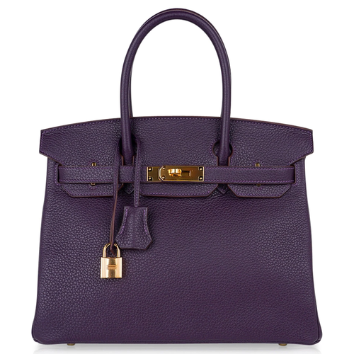 Deep Ripe Grape Textured Medium Structured Trapezoid Hand Tote With Luminous Warm Golden Twist Lock Hardware And Matching Suspended Engraved Metal Padlock Charm