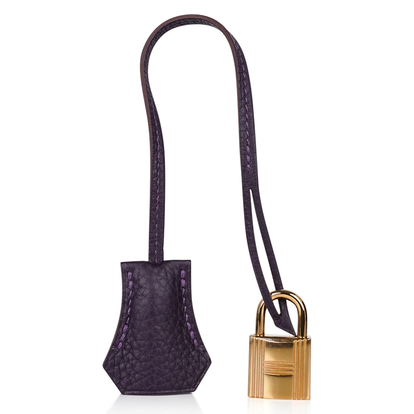 Deep Ripe Grape Textured Medium Structured Trapezoid Hand Tote With Luminous Warm Golden Twist Lock Hardware And Matching Suspended Engraved Metal Padlock Charm