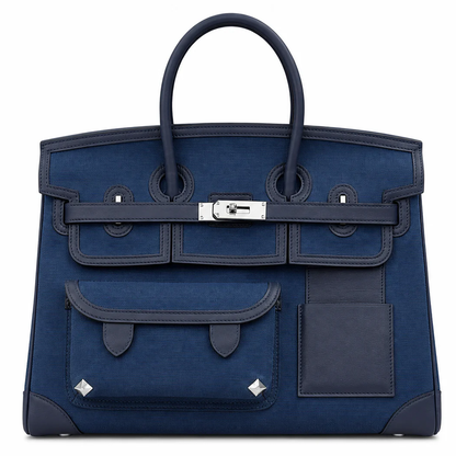 Rich Deep Navy Woven Utility Rectangular Structured Hand Tote With Multiple Exterior Pockets And Polished Silvery Twist Lock Hardware