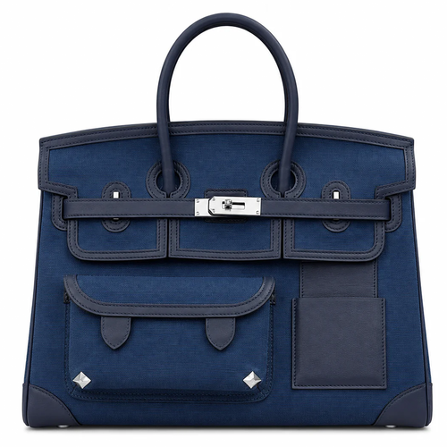 Rich Deep Navy Woven Utility Rectangular Structured Hand Tote With Multiple Exterior Pockets And Polished Silvery Twist Lock Hardware