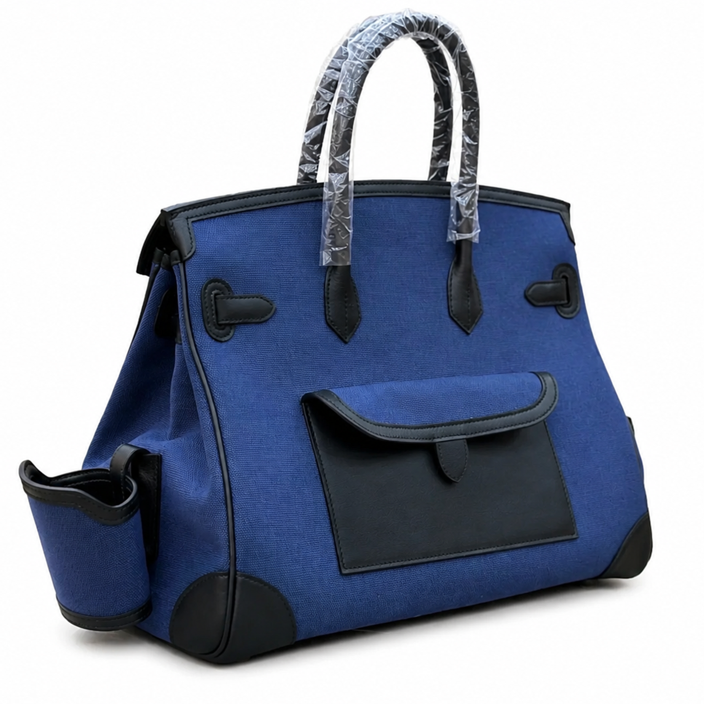 Rich Deep Navy Woven Utility Rectangular Structured Hand Tote With Multiple Exterior Pockets And Polished Silvery Twist Lock Hardware