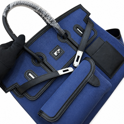 Rich Deep Navy Woven Utility Rectangular Structured Hand Tote With Multiple Exterior Pockets And Polished Silvery Twist Lock Hardware