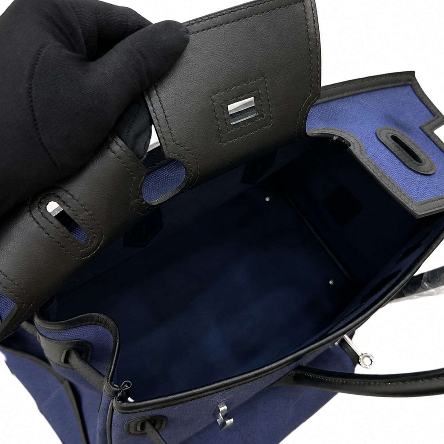 Rich Deep Navy Woven Utility Rectangular Structured Hand Tote With Multiple Exterior Pockets And Polished Silvery Twist Lock Hardware