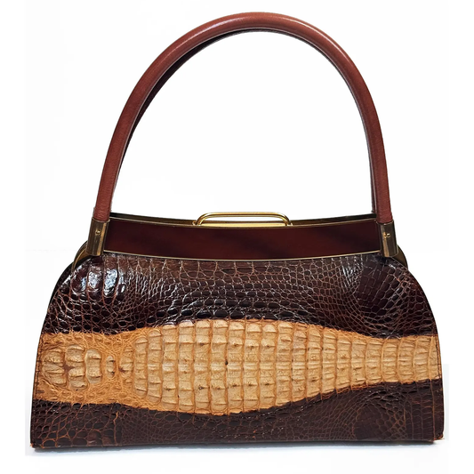 Two Tone Chocolate Tan Scaled Curved Vintage Frame Handbag With Burnt Chestnut Grip And Polished Warm Golden Metal Clasp Frame