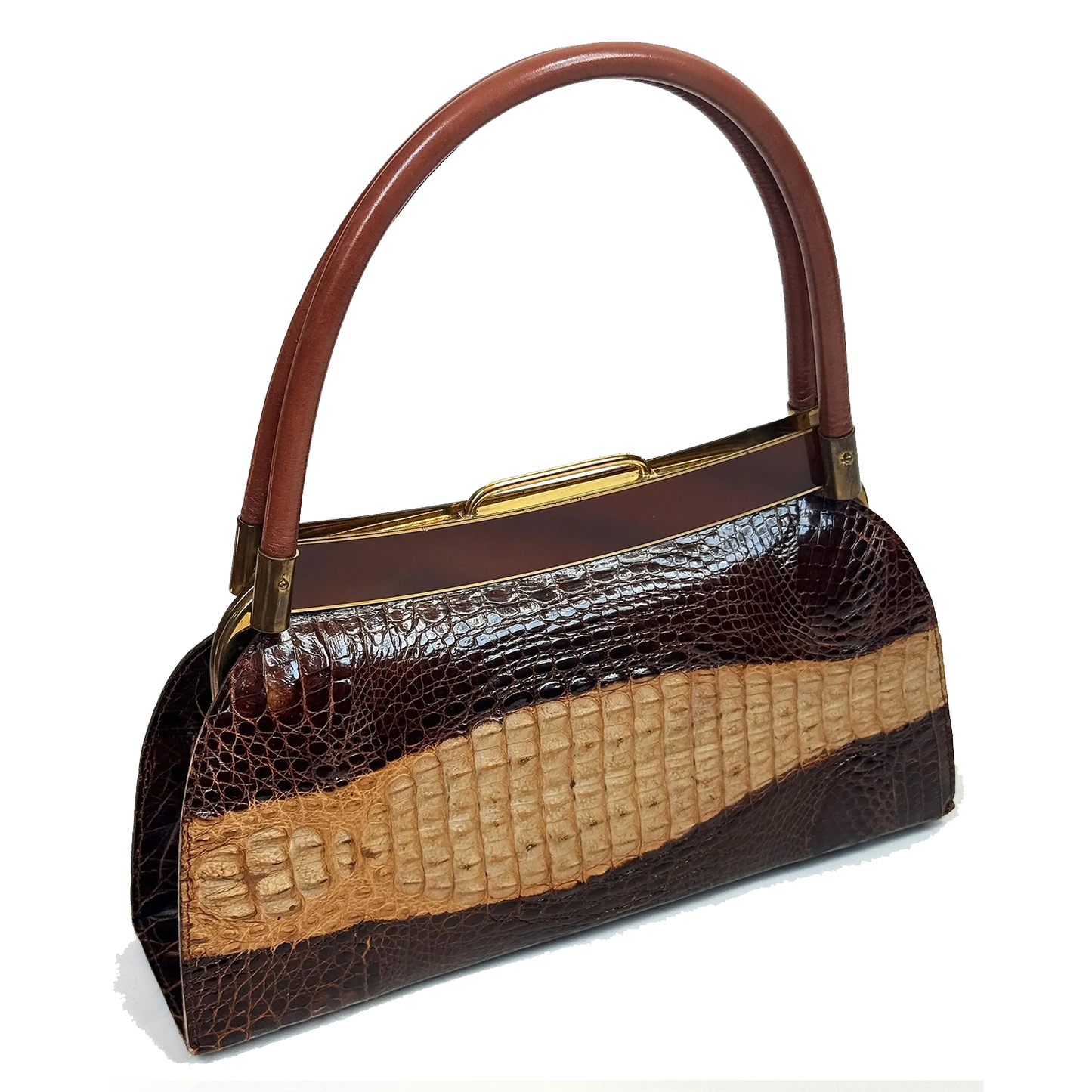 Two Tone Chocolate Tan Scaled Curved Vintage Frame Handbag With Burnt Chestnut Grip And Polished Warm Golden Metal Clasp Frame