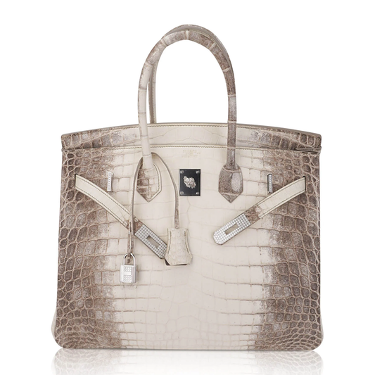 Gradient Snow White Ash Taupe Scaled Medium Trapezoid Hand Tote With Crystalline Encrusted Silvery Twist Lock Hardware And Matching Ornate Suspended Padlock Charm