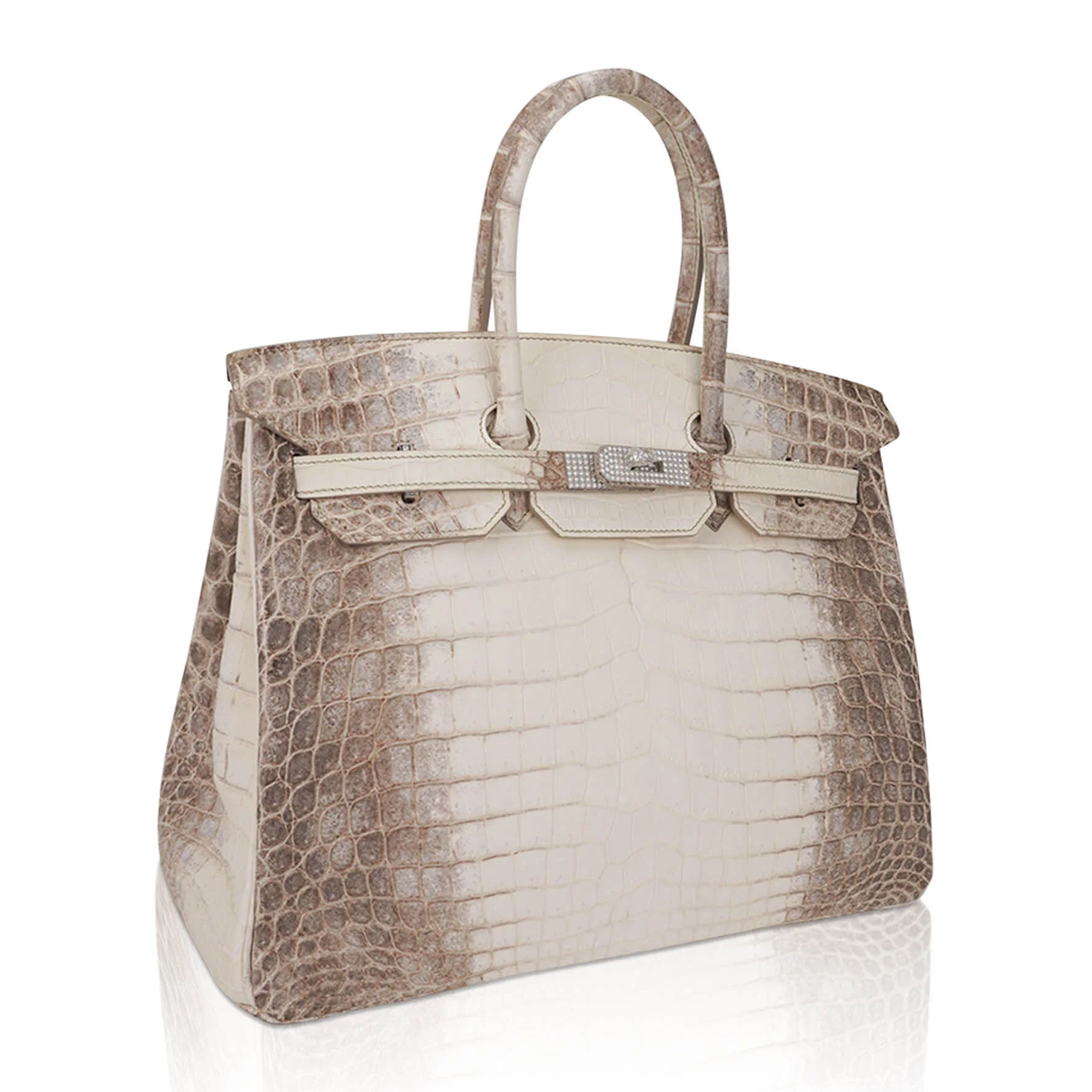 Gradient Snow White Ash Taupe Scaled Medium Trapezoid Hand Tote With Crystalline Encrusted Silvery Twist Lock Hardware And Matching Ornate Suspended Padlock Charm