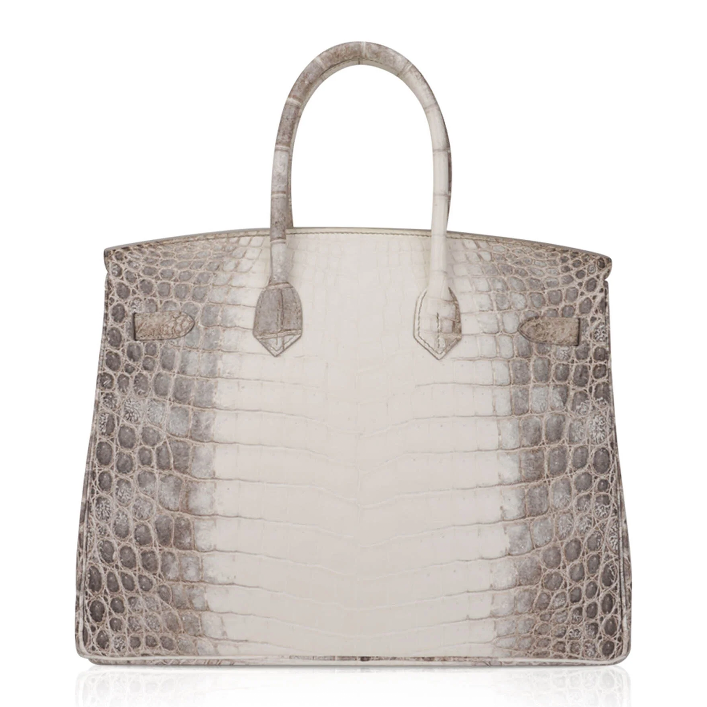 Gradient Snow White Ash Taupe Scaled Medium Trapezoid Hand Tote With Crystalline Encrusted Silvery Twist Lock Hardware And Matching Ornate Suspended Padlock Charm